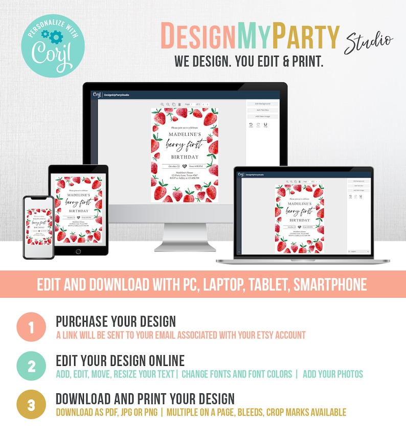 Peut inclure: Une maquette num&eacute;rique d'une invitation imprimable pour un premier anniversaire. L'invitation pr&eacute;sente une illustration aquarelle de fraises et le texte "Madeline's Berry First Birthday". L'image montre un &eacute;cran d'ordinateur, un ordinateur portable et un smartphone, tous affichant l'invitation. Le texte "DesignMyParty Studio" est en haut de l'image.