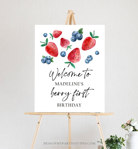 Editable Berry First Birthday Welcome Sign Strawberry Blueberry Party Welcome Farmers Market Girl Watercolor Template PRINTABLE Corjl 0399 Il_570xn