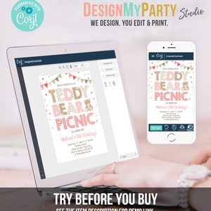 May include: A pink and brown teddy bear picnic invitation template for a 6th birthday party. The invitation features a teddy bear, pink and white gingham, and pink and white bunting. The text on the invitation reads "You're invited to a Teddy Bear Picnic to celebrate Melissa's 6th Birthday!"