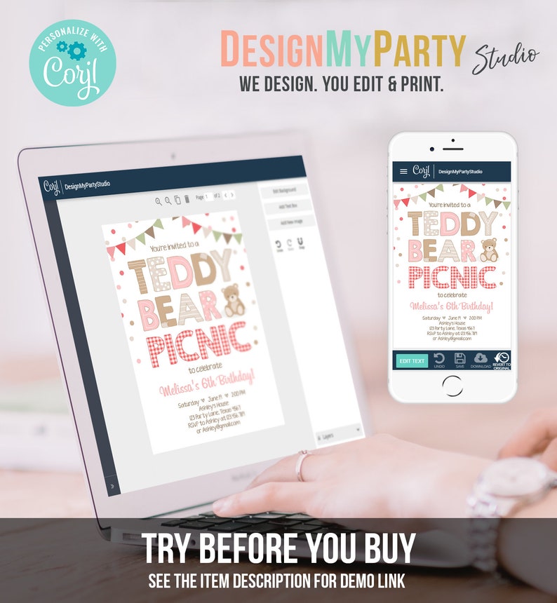 May include: A pink and brown teddy bear picnic invitation template for a 6th birthday party. The invitation features a teddy bear, pink and white gingham, and pink and white bunting. The text on the invitation reads "You're invited to a Teddy Bear Picnic to celebrate Melissa's 6th Birthday!"