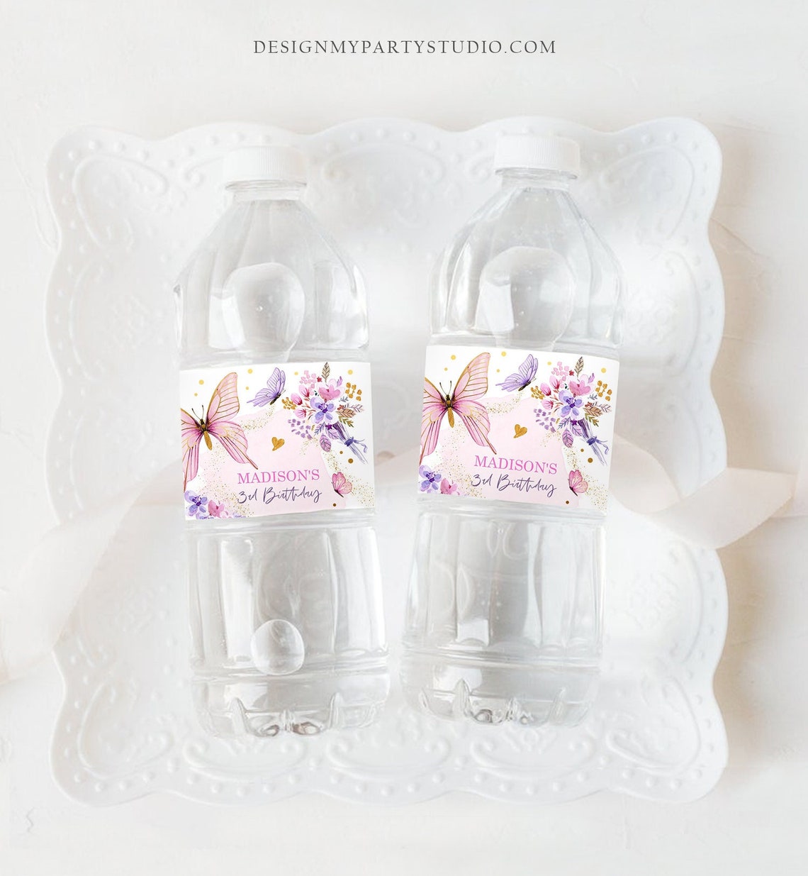 Editable Butterfly Water Bottle Label Girl Floral Butterfly Etsy
