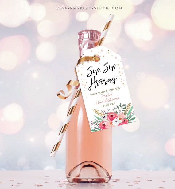 Editable Sip Sip Hooray Bridal Shower Thank You Tags Mini Wine Champagne Bottle Favor Wedding Pink Floral Gold Confetti Corjl Template 0059 Il_570xn