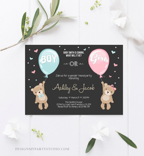 Editable Gender Reveal Invitation Teddy Bears Boy or Girl Blue or Pink He or She Bear Woodland Download Printable Template Corjl 0025 Il_570xn