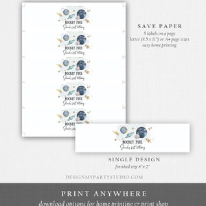 May include: Printable labels for a space-themed party. The labels feature a blue and gold watercolor design with planets, stars, and a rocket. The text on the labels reads "Rocket Fuel Jack's 1st Birthday". The labels are designed to fit on a standard 8.5 x 11 inch sheet of paper. Save paper and print at home.