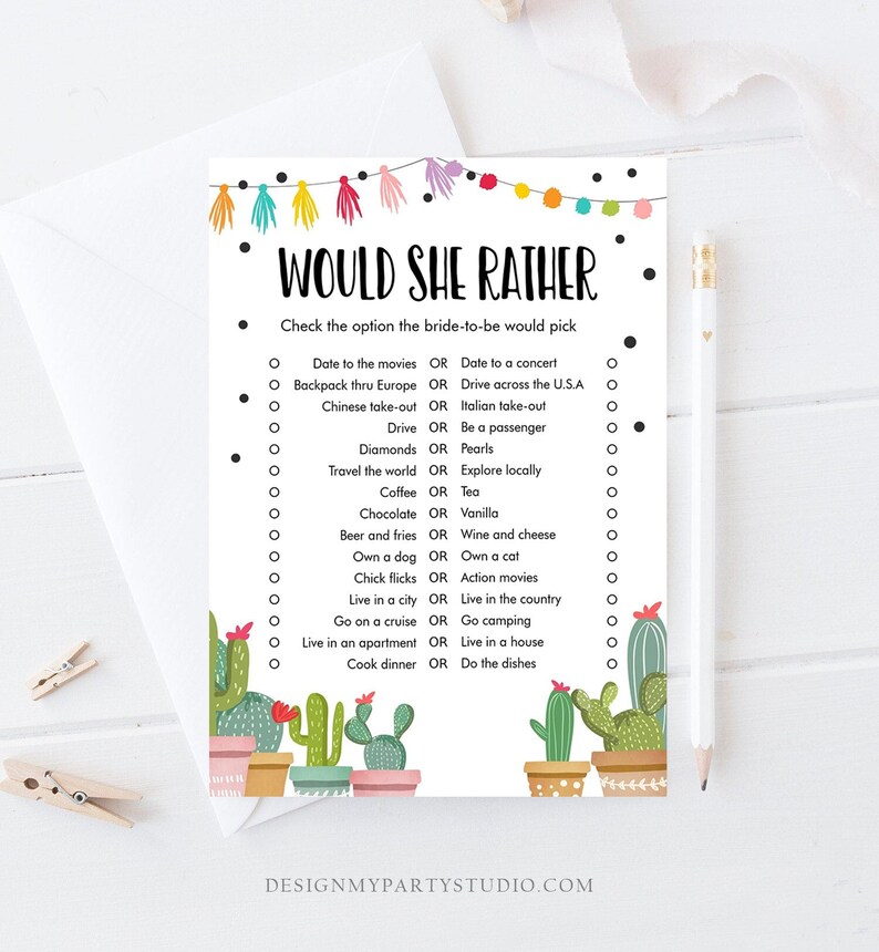 Editable Would She Rather Bridal Shower Game Cactus Fiesta Mexican Coed Shower Succulent Wedding Activity Corjl Template Printable 0254 image 1