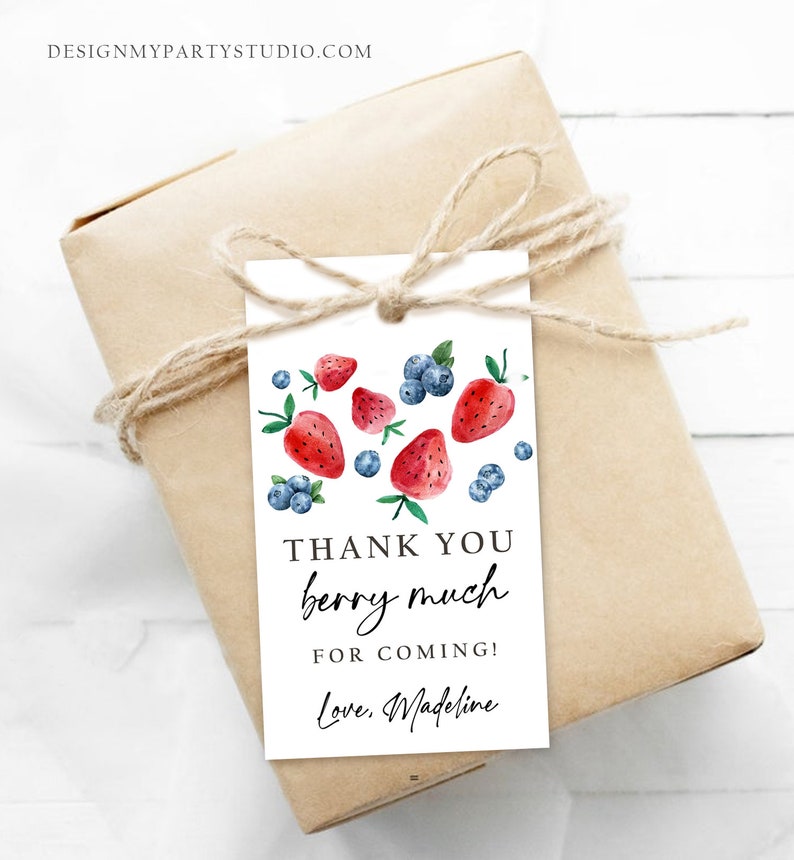 May include: White thank you tag with a watercolor illustration of strawberries and blueberries. The text reads "Thank you berry much for coming! Love, Madeline".