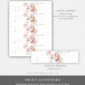 May include: Printable 8x2 inch party favor labels featuring a horse with a pink flower crown and gold glitter. The labels say "Sophie's 3rd Birthday" and are perfect for a horse-themed party.