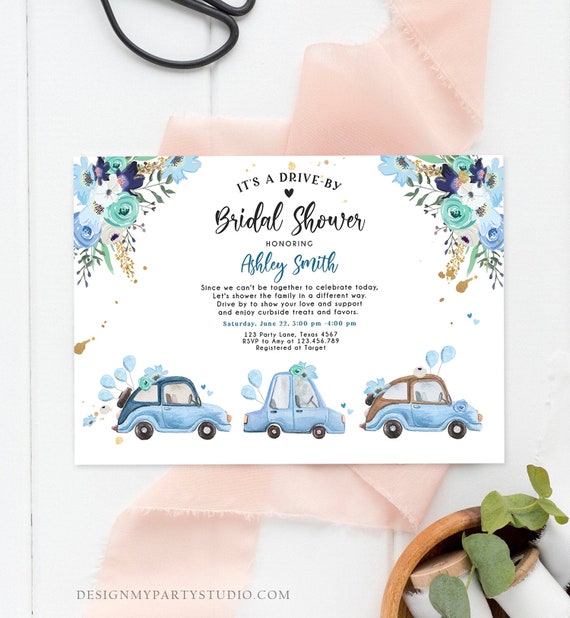 Editable Drive By Bridal Shower Invitation Navy Blue Floral Drive Through Couples Shower Social