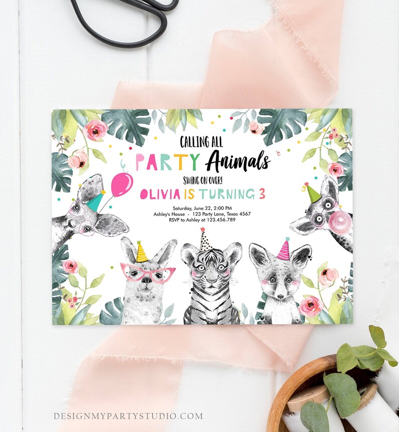 Editable Party Animals Birthday Invitation Exotic Wild Animals Invitation Zoo Safari Animals Girl Download Printable Template Corjl 0322 image 1