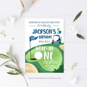 May include: A green and white golf course themed birthday invitation for a 1st birthday party. The invitation features a golf cart, a golf ball, and the text "Hole-in-One". The invitation also includes the birthday boy's name, Jackson, and the date and time of the party.