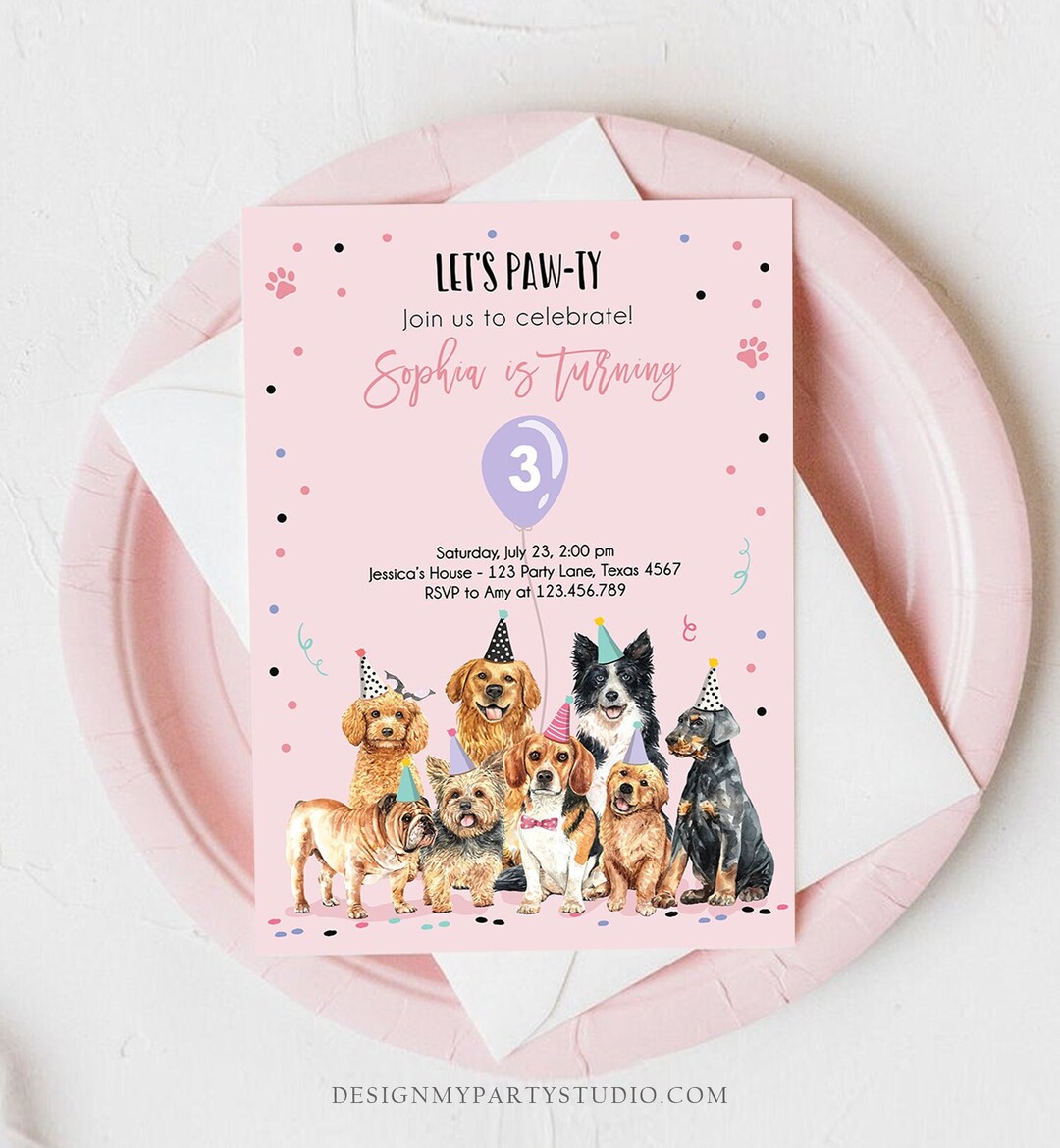 Editable Puppy Birthday Invitation Dogs Birthday Party Invite Pink Girl ...