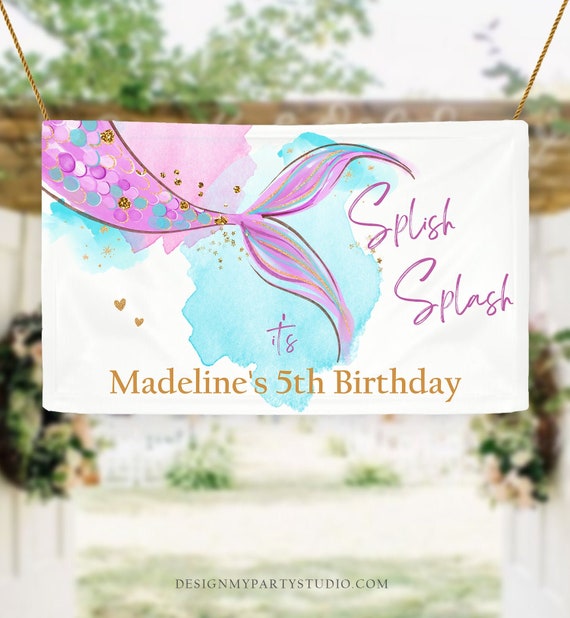 Editable Mermaid Backdrop Banner Mermaid Birthday Girl Pink Purple Gold Watercolor Under The Sea Download Corjl Template Printable 0403 Il_570xn