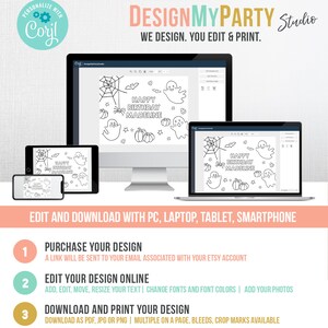 K&ouml;nnte beinhalten: Ein digitales Design-Template, das auf einem Computermonitor, Tablet, Laptop und Smartphone angezeigt wird. Das Design zeigt Halloween-Illustrationen, darunter Geister, K&uuml;rbisse und ein Spinnennetz, mit dem Text "HAPPY BIRTHDAY MADELINE". Die Abbildung enth&auml;lt auch Anweisungen zum Bearbeiten und Herunterladen.