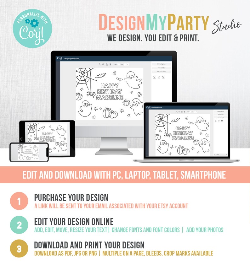 K&ouml;nnte beinhalten: Ein digitales Design-Template, das auf einem Computermonitor, Tablet, Laptop und Smartphone angezeigt wird. Das Design zeigt Halloween-Illustrationen, darunter Geister, K&uuml;rbisse und ein Spinnennetz, mit dem Text "HAPPY BIRTHDAY MADELINE". Die Abbildung enth&auml;lt auch Anweisungen zum Bearbeiten und Herunterladen.