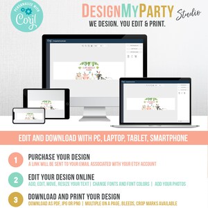 May include: A computer screen displaying a banner design with a farm animal theme. The banner says "Happy Birthday [Name]" and features a pig, cow, sheep, rooster, and a horse. The text "DESIGNMYPARTY Studio" is at the top of the image. The text "WE DESIGN. YOU EDIT & PRINT." is below the studio name. The text "EDIT AND DOWNLOAD WITH PC, LAPTOP, TABLET, SMARTPHONE" is below the screen. The text "PURCHASE YOUR DESIGN" is in a yellow box with the number 1. The text "EDIT YOUR DESIGN ONLINE" is in a green box with the number 2. The text "DOWNLOAD AND PRINT YOUR DESIGN" is in a gold box with the number 3.