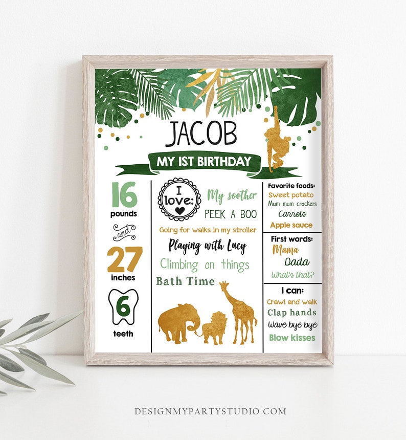 Editable Safari Animals Birthday Milestones Sign Wild One First Birthday Zoo Jungle Party 1st Wild Boy Gold Corjl Template Printable 0016 image 2