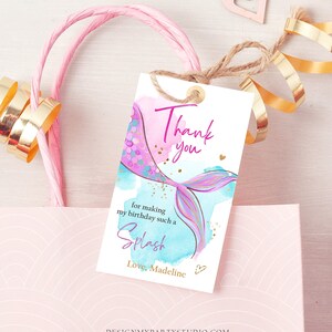 Editable Mermaid Birthday Favor Tags Under The Sea Thank you tags Mermaid Party Girl Pink Purple Gold Download Template Corjl PRINTABLE 0403 image 4