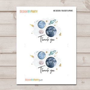 Space Thank you Card Galaxy Thank You Note 4x6 Rustic Watercolor Boy Birthday Blue Two The Moon First Trip PRINTABLE Instant Download 0357 image 2