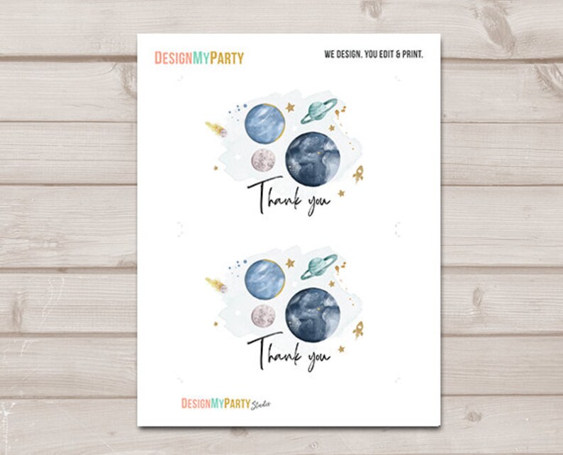 Space Thank you Card Galaxy Thank You Note 4x6 Rustic Watercolor Boy Birthday Blue Two The Moon First Trip PRINTABLE Instant Download 0357 image 2