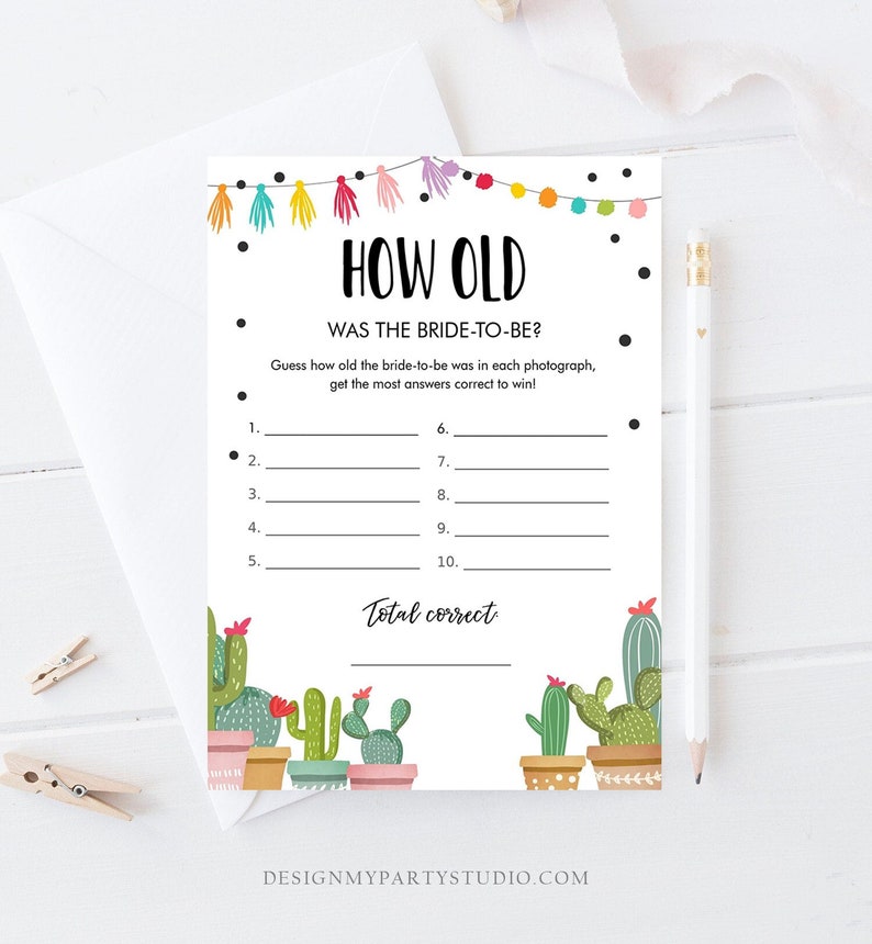 May include: A printable bridal shower game with a cactus theme. The game asks guests to guess the bride-to-be's age in each photo. The game includes a space to write down the answers and a space to calculate the total number of correct answers.