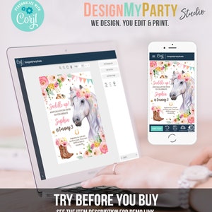 May include: A digital invitation for a birthday party with a white horse with a pink flower crown and a pink and gold saddle. The text on the invitation reads "Saddle up! And gallop on over to celebrate Sophia is turning 3".