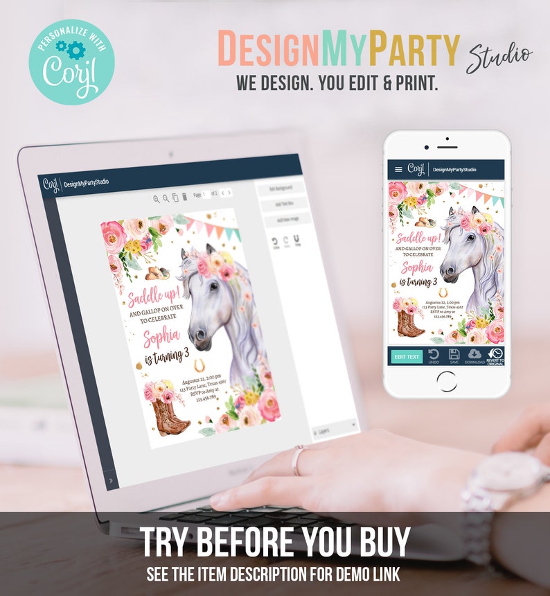 May include: A digital invitation for a birthday party with a white horse with a pink flower crown and a pink and gold saddle. The text on the invitation reads "Saddle up! And gallop on over to celebrate Sophia is turning 3".