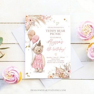 May include: A pink and brown teddy bear wearing a pink dress and a party hat holds balloons. The invitation reads "You're invited to a Teddy Bear Picnic to celebrate Alyssa's 6th birthday!" with details for the party.