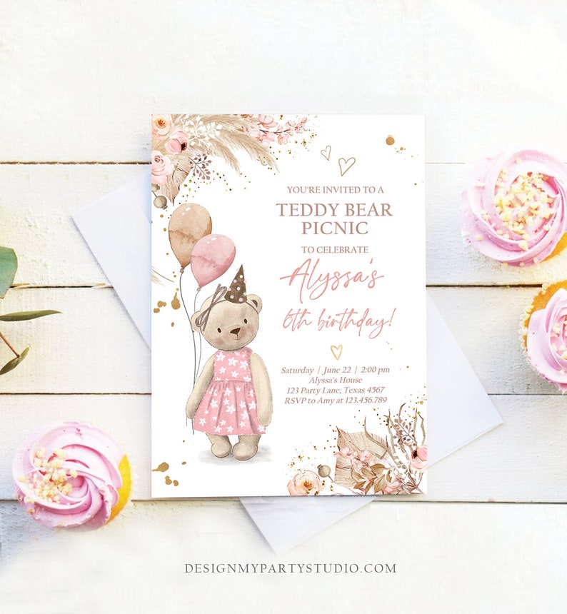 May include: A pink and brown teddy bear wearing a pink dress and a party hat holds balloons. The invitation reads "You're invited to a Teddy Bear Picnic to celebrate Alyssa's 6th birthday!" with details for the party.