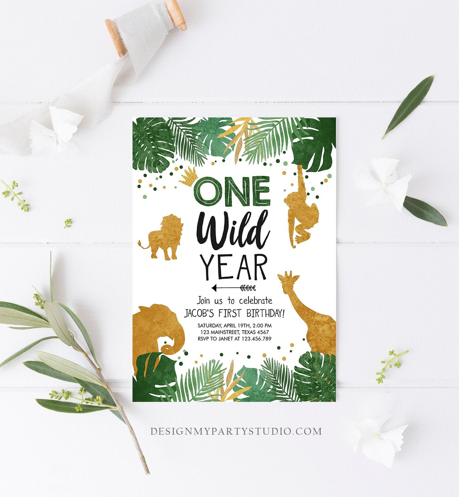 Wild One First Birthday invitations 15 w envelopes and rtn address printing watercolor safari