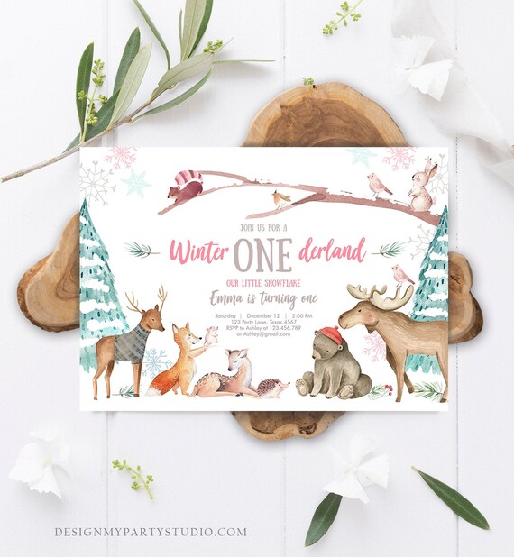 Editable ANY AGE Winter ONEderland Birthday Invitation Winter Wonderland Snowflake Girl Pink Woodland Animals Printable Template Corjl 0195 Il_570xn