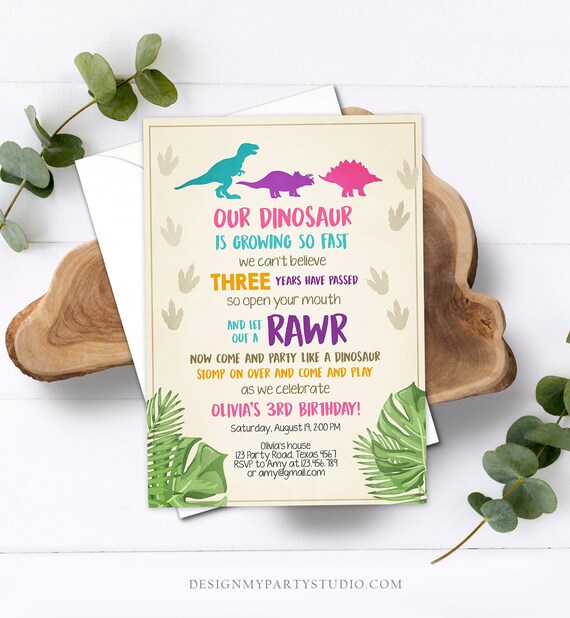Editable Dinosaur Birthday Invitation Dino Dig Party Prehistoric Girl Pink T-Rex Purple Teal Digital Download Printable Template Corjl 0043 Il_570xn