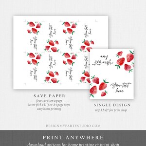 May include: Printable digital download of four 3.5x2 inch cards featuring watercolor illustrations of strawberries. The cards have the text "Your text here" on them. The text "Save Paper" and "Single Design" is also included on the image.