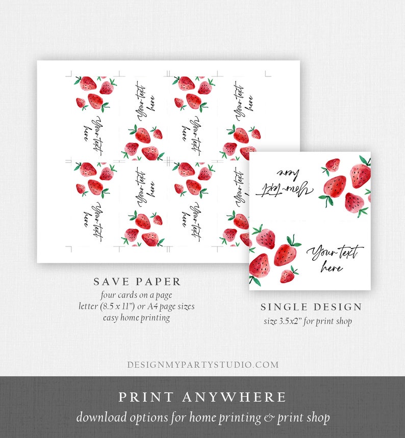 May include: Printable digital download of four 3.5x2 inch cards featuring watercolor illustrations of strawberries. The cards have the text "Your text here" on them. The text "Save Paper" and "Single Design" is also included on the image.