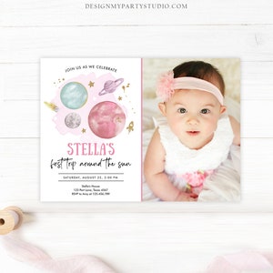 Editable Outer Space Girl First Birthday Invitation Galaxy Blast Off First Trip Around the Sun Pink Download Printable Template Corjl 0357 image 2