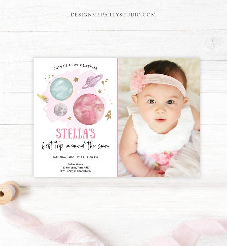 Editable Outer Space Girl First Birthday Invitation Galaxy Blast Off First Trip Around the Sun Pink Download Printable Template Corjl 0357 image 2