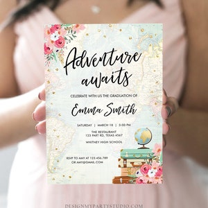 Editable Adventure Awaits Graduation Party Invitation Vintage Travel Around the World Pink Gold High School Grad College Corjl Template 0030