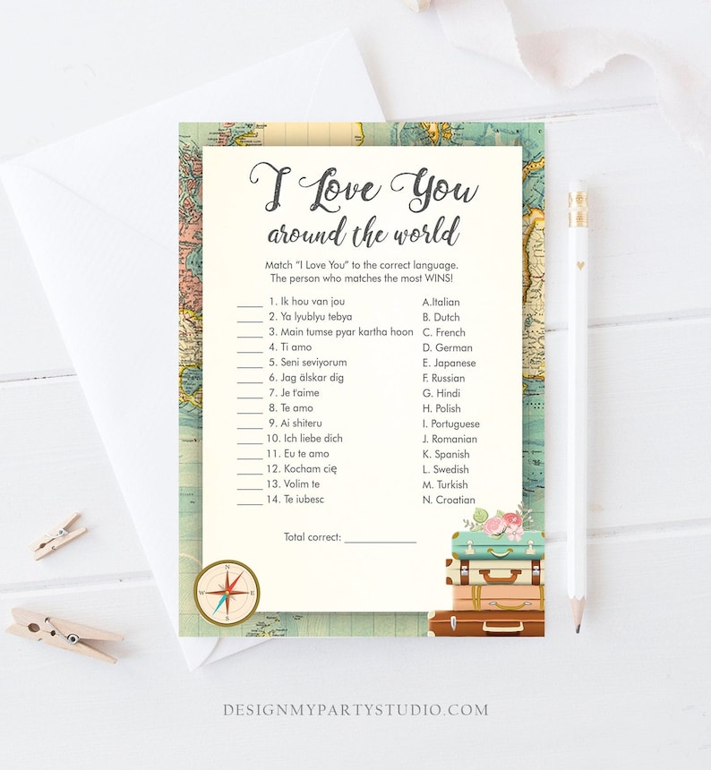 Editable I Love You Around the World Bridal Shower Game Travel Wedding Shower Activity Vintage Map Suitcases Corjl Template Printable 0044 image 1