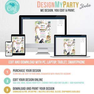 May include: A digital design template for a birthday party invitation featuring a jungle animal theme. The invitation says "Calling all party animals" and includes a zebra, giraffe, monkey, and lion. The text "Maddison turns 3" is included on the invitation. The design is customizable and can be edited online.