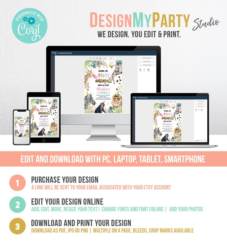 May include: A digital design template for a birthday party invitation featuring a jungle animal theme. The invitation says "Calling all party animals" and includes a zebra, giraffe, monkey, and lion. The text "Maddison turns 3" is included on the invitation. The design is customizable and can be edited online.