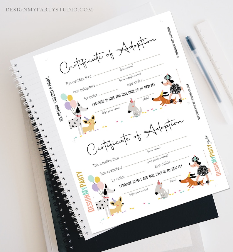 Pet Adoption Certificate Puppy Adoption Dog Birthday Party Adopt A Pet Girl Pink Vet Puppy Adoption Digital Download Printable 0429 image 4