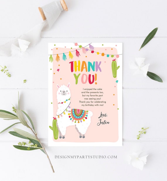 Editable Whole Llama Fun Thank You Card Llama Alpaca Birthday Cactus Girl Pink Fiesta Mexican Party Download Printable Corjl Template 0079 Il_570xn