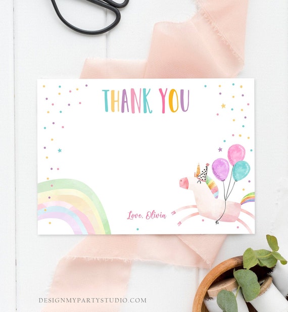 editable unicorn thank you card girl birthday thank you note pink gold magical party baby shower download corjl template printable 0336 by design my party studio catch my party