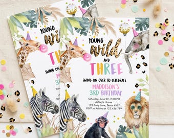 Editable Young Wild and Three Invitation Girl Pink and Gold Safari Animals Zoo Instant Download Printable Template Digital Corjl 0417
