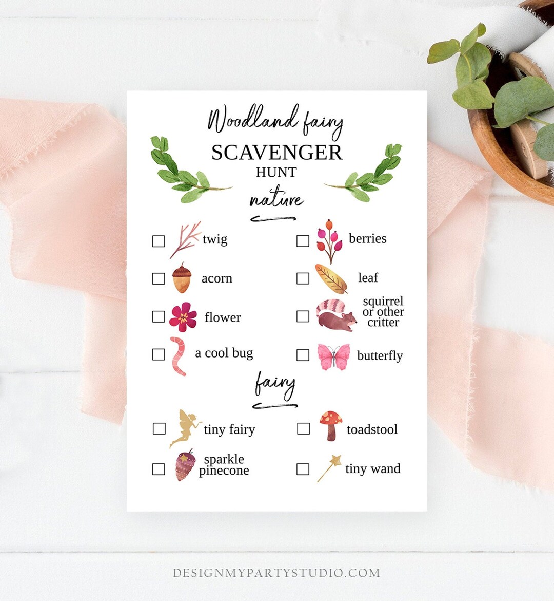 Editable Scavenger Hunt Checklist Game Party Woodland Fairy Birthday Whimsical Enchanted Forest ...