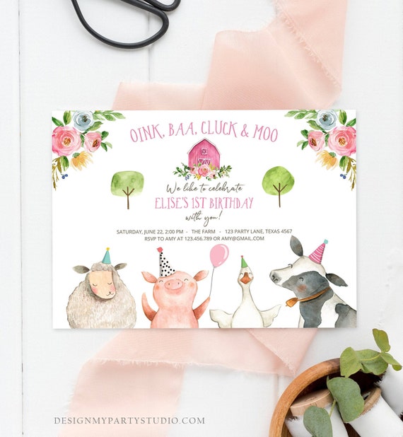 Editable Farm Birthday Invitation Girl Farm Animals Pink Floral Barnyard Party Download Printable Invitation Template Digital Corjl 0155 Il_570xn