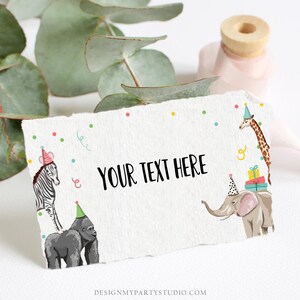 May include: A white card with a colorful confetti background and a zebra, gorilla, elephant, and giraffe wearing party hats. The text "YOUR TEXT HERE" is in the center of the card.