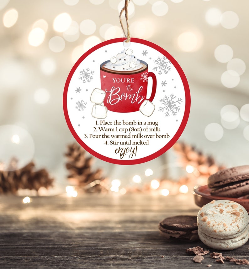 Editable Hot Chocolate Bomb Tags Bomb Instructions Cookies and Cocoa Favor Tags Winter Christmas You're The Bomb Digital PRINTABLE 0353 