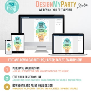 May include: A digital mockup of a customizable ice cream cone birthday invitation. The invitation features a watercolor illustration of a three-scoop ice cream cone with the text "Here's the Scoop! Mason's 1st Birthday!"