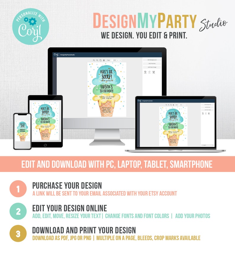 May include: A digital mockup of a customizable ice cream cone birthday invitation. The invitation features a watercolor illustration of a three-scoop ice cream cone with the text "Here's the Scoop! Mason's 1st Birthday!"