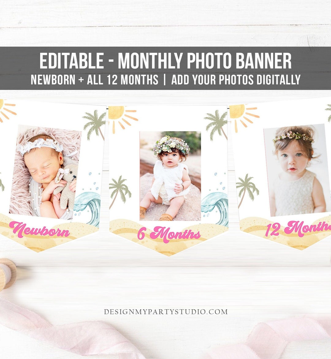 Editable Surf First Birthday Banner Monthly Photo Banner Girl Big One ...